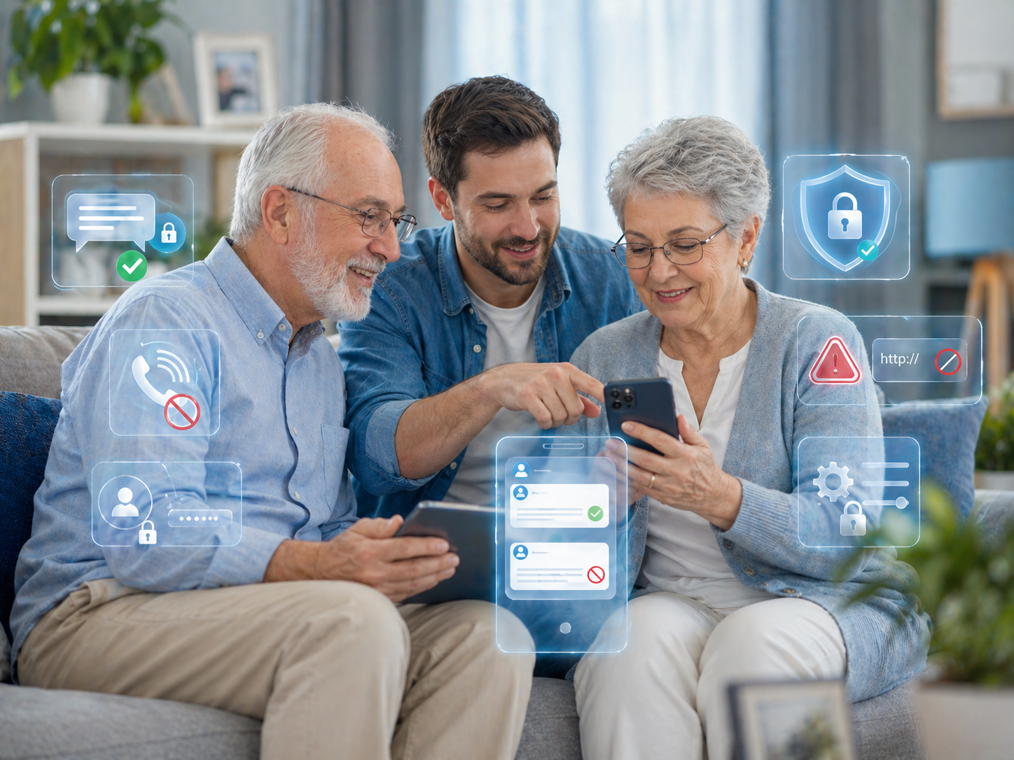 Adulto mayor aprendiendo seguridad digital con acompanamiento