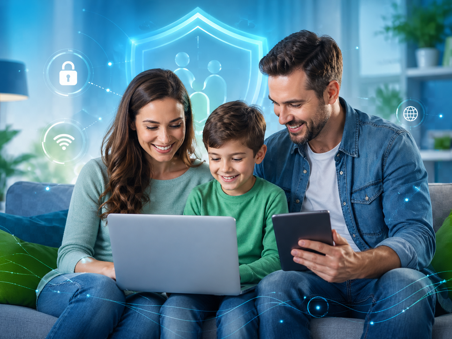 Familia usando tecnologia de forma segura