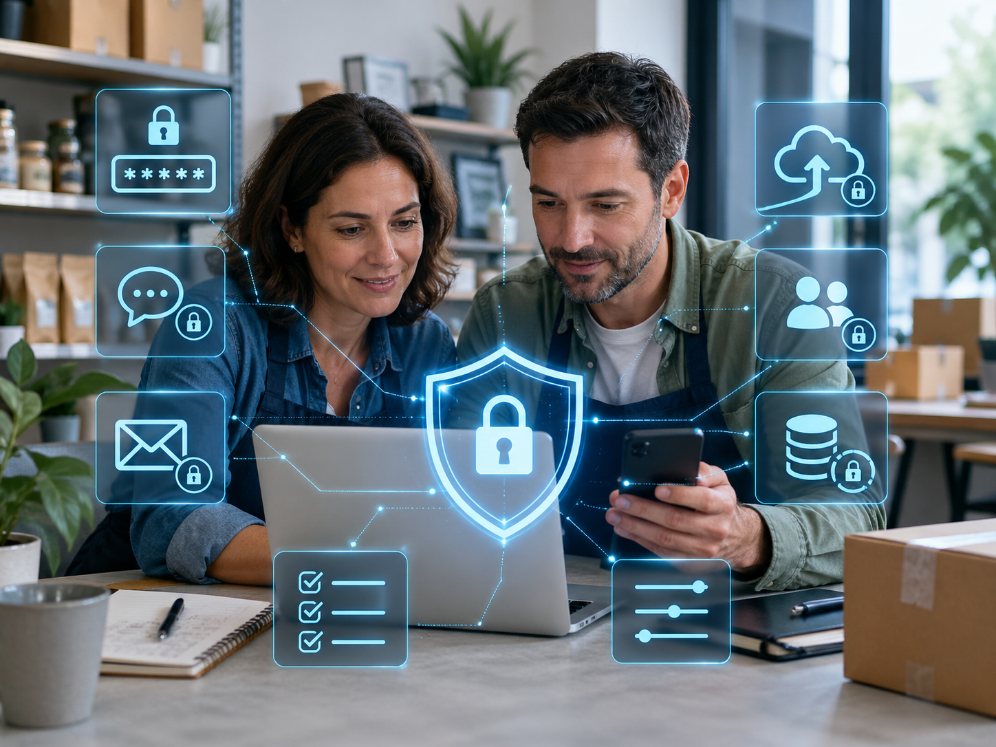 Pequena empresa protegiendo sus cuentas y computadoras